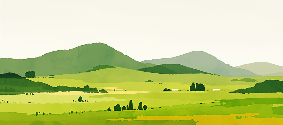 JPG 주간 나무 여행 백그라운드 일러스트 자연 하늘 아침 산 주택 풍경 초원 초록색 농장 시골 언덕 그림 지역 춘분 국내일러스트 AI일러스트 AI콘텐츠 자연요소 식물 컬러 농업 건물 절기 생태계 파일형식