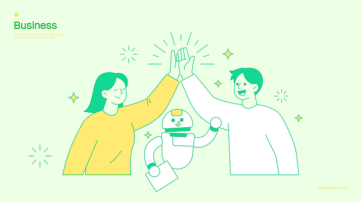 캐릭터 디자인 일러스트 비즈니스 미래 협력 아이디어 기술 대화 협상 사람 친구 사무실 로봇 하이파이브 소통 혁명 창의성 상호작용 AI_인공지능 국내일러스트 AI파일 컨셉 관계 말하기 손짓 파일형식 벡터