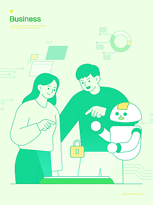 일러스트 비즈니스 미래 협력 아이디어 기술 표정 대화 사람 사무실 디지털 장비 정보 가리킴 작업 발전 로봇 시스템 흥미 AI_인공지능 국내일러스트 AI파일 컨셉 말하기 손짓 파일형식 벡터