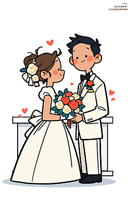 커플 드레스 행복 감정 꽃다발 포즈 신랑 일러스트 신혼부부 결혼식 사랑 웃음 정장 빨간색 기쁨 만남 흰색 축하 순간 국내일러스트 AI파일 부부 옷 꽃 컬러 결혼 컨셉 관계 표정 신혼 파일형식 벡터
