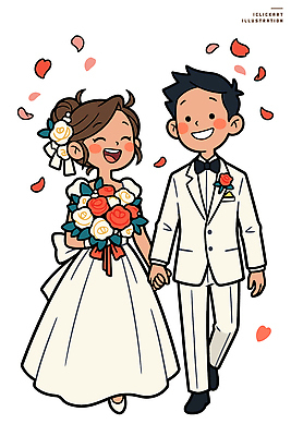 커플 옷 여자 남자 꽃잎 꽃다발 신랑 결혼 일러스트 신혼부부 결혼식 사랑 웃음 걷기 손잡기 기쁨 로맨틱 축하 행진 국내일러스트 AI파일 부부 꽃 감정 컨셉 관계 모션 표정 사람 이벤트 신혼 파일형식 벡터
