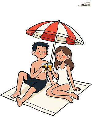 여자 남자 수영복 감정 음료 모래 일러스트 신혼부부 모션 자연 휴식 웃음 해변 여름 친구 햇빛 만남 시간 파라솔 즐거움 그림 국내일러스트 AI파일 부부 옷 계절 바다 컨셉 관계 표정 사람 태양 생태계 신혼 파일형식 벡터