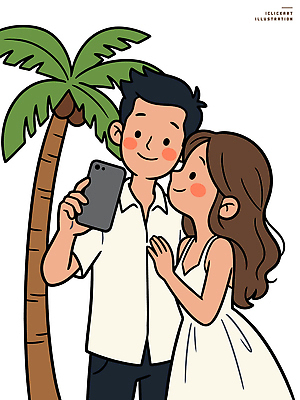 나무 커플 기념일 행복 포즈 일러스트 신혼부부 결혼식 사랑 웃음 이벤트 친구 촬영 셀프카메라 즐거움 뷰티풀 순간 진심 국내일러스트 AI파일 식물 부부 감정 결혼 관계 표정 사진촬영 신혼 파일형식 벡터