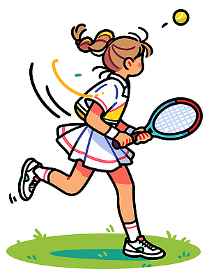 어린이 스포츠 유니폼 일러스트 공 모션 소녀 경기 여름 달리기 운동 에너지 코트 테니스 게임 라켓 집중 연습 즐거움 국내일러스트 AI파일 옷 계절 여자 감정 스포츠용품 컨셉 놀이 건강 사람 구기 외투 파일형식 벡터
