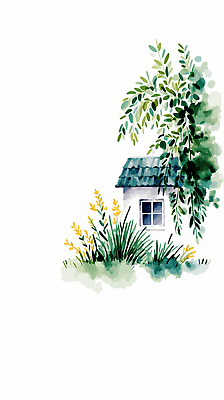 JPG 나무 식물 컬러 일러스트 창문 자연 생명 지붕 수채화 풍경 잔디 정원 고요 들꽃 농촌 그림 국내일러스트 AI일러스트 AI콘텐츠 꽃 시골 생태계 파일형식