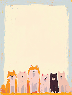 JPG 동물 행복 컬러 포즈 백그라운드 일러스트 프레임 털 종류 일상 친구 귀여움 개 강아지 동료 그림 장면 나란히 국내일러스트 AI일러스트 AI콘텐츠 감정 컨셉 포유류 관계 라이프 반려동물 파일형식