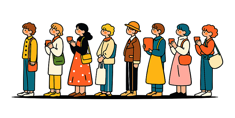 캐릭터 옷 여자 패션 남자 줄 가방 일러스트 대화 사람 생활 스마트폰 모임 대기 도시 기다림 행렬 국내일러스트 AI파일 잡화 모션 말하기 핸드폰 스마트기기 파일형식 벡터