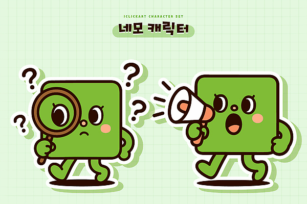 도형 캐릭터 컬러 컨셉 말하기 신체부위 파일형식 벡터 사각형 탐정 질문 초록색 귀여움 모션 대화 확성기 사람 디자인 이야기 이미지 표현 얼굴 표정 소통 발견 일러캐릭터 일러스트 AI파일