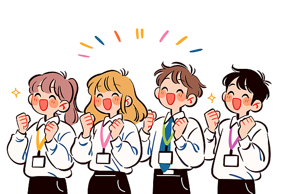 캐릭터 감정 컨셉 비즈니스 관계 모션 표정 말하기 내부 파일형식 벡터 사무실 직원 기쁨 협력 성공 미소 손짓 연대 체험 축하 그룹 대화 동료 긍정 실내 일러캐릭터 AI파일 일러스트 파이팅 인턴