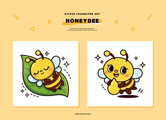 식물 캐릭터 컬러 컨셉 벌_곤충 파일형식 벡터 꿀 꽃 잎 디자인 세트 그래픽 키치 그림 동물 AI파일 일러캐릭터 일러스트 노란색 꿀벌