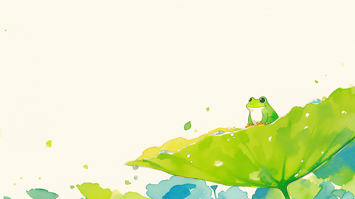 JPG 식물 컬러 포즈 백그라운드 잎 일러스트 자연 생물 개구리 초원 초록색 여름 봄 물방울 숲 시원함 연잎 경칩 단순화된 수분_꽃가루 국내일러스트 AI일러스트 AI콘텐츠 계절 양서류 절기 생태계 파일형식