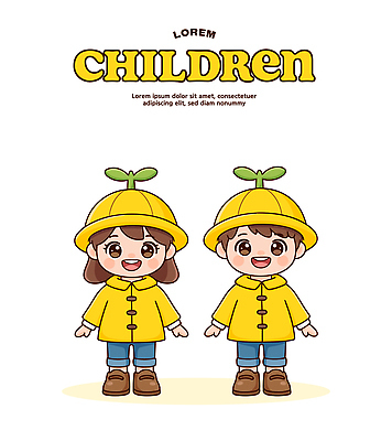 옷 컬러 컨셉 모션 표정 사람 파일형식 벡터 어린이 캐릭터 노란색 우비 미소 과일 장식 함께함 서기 남자 여자 웃음 포즈 디자인 스타일 귀여움 일러스트 국내일러스트 AI파일 유치원복