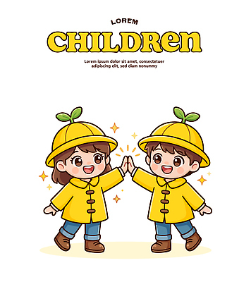 옷 교육 감정 컬러 관계 모션 놀이 표정 사람 신체부위 야외활동 파일형식 벡터 어린이 우비 노란색 손 맞대기 웃음 친구 즐거움 반짝임 포즈 소풍 외출 역할놀이 유치원 일러스트 국내일러스트 AI파일 유치원복