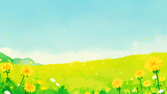 JPG 식물 꽃 꽃밭 일러스트 자연 하늘 바람 산 풍경 초원 초록색 여름 햇빛 농장 노란색 일출 일몰 봄 민들레 땅 국내일러스트 AI일러스트 AI콘텐츠 자연요소 계절 컬러 농업 날씨 태양 노을 생태계 파일형식
