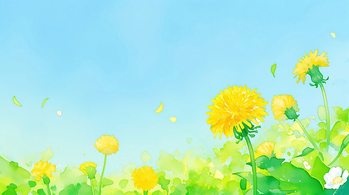 JPG 식물 계절 꽃잎 꽃 컬러 일러스트 자연 하늘 생명 바람 수채화 풍경 초원 초록색 소풍 봄 들꽃 민들레 작품 윤곽 국내일러스트 AI일러스트 AI콘텐츠 자연요소 날씨 미술 야외활동 생태계 파일형식