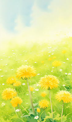 JPG 식물 꽃 컬러 꽃밭 일러스트 자연 하늘 생명 씨앗 풍경 초원 야외 파란색 햇빛 노란색 봄 들꽃 민들레 국내일러스트 AI일러스트 AI콘텐츠 계절 태양 생태계 파일형식