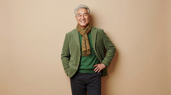 노년 남자 컬러 표정 사람 성인 신체부위 목도리 외투 CG 확인 파일형식 AI포토 웃음 재킷 스카프 베이지색 백그라운드 미소 패션 스타일 손 주머니 체크표시 편집이미지 편집실사 JPG 의료성형뷰티 할아버지 AI콘텐츠 AI인물포토