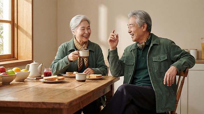 주간 부부 커플 음식 관계 탁자 표정 말하기 사람 성인 건물 감각 CG 파일형식 AI포토 대화 식탁 아침 과일 빵 주택 따뜻함 웃음 편안함 음료 친구 편집이미지 편집실사 JPG 의료성형뷰티 남자 여자 노부부 노년 AI콘텐츠 AI인물포토