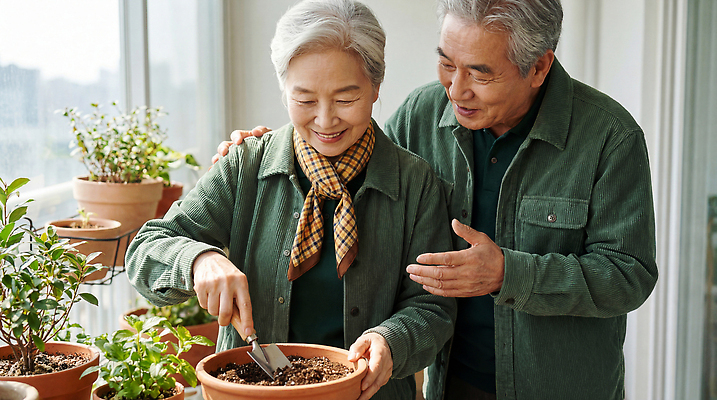 부부 감정 창문 표정 사람 성인 내부 태양 CG 파일형식 AI포토 노년 식물 화분 흙 가꾸기 웃음 즐거움 창가 햇빛 실내 정원 남자 여자 모션 편집이미지 편집실사 JPG 의료성형뷰티 노부부 AI콘텐츠 AI인물포토