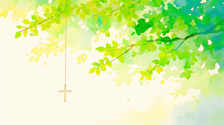 JPG 나무 기독교 종교 여유 예술 십자가 일러스트 자연 나뭇잎 매달리기 풍경 초록색 여름 갈색 평화 봄 공간 그림 장면 조화 국내일러스트 AI일러스트 AI콘텐츠 식물 계절 감정 컬러 컨셉 잎 모션 생태계 파일형식