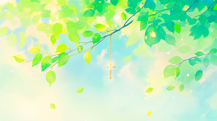 JPG 나무 기독교 종교 백그라운드 십자가 일러스트 자연 나뭇잎 일상 라이프 초록색 여름 햇빛 평화 희망 봄 기도 조화 은혜 국내일러스트 AI일러스트 AI콘텐츠 식물 계절 감정 컬러 컨셉 잎 생활 태양 생태계 파일형식