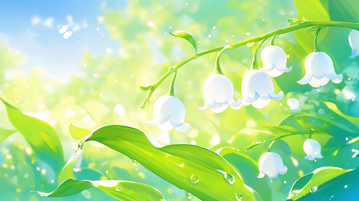 JPG 식물 계절 꽃 컬러 잎 일러스트 자연 생명 풍경 초록색 여름 빛 햇빛 정원 봄 물방울 은방울꽃 뷰티풀 싱그러움 국내일러스트 AI일러스트 AI콘텐츠 태양 생태계 파일형식