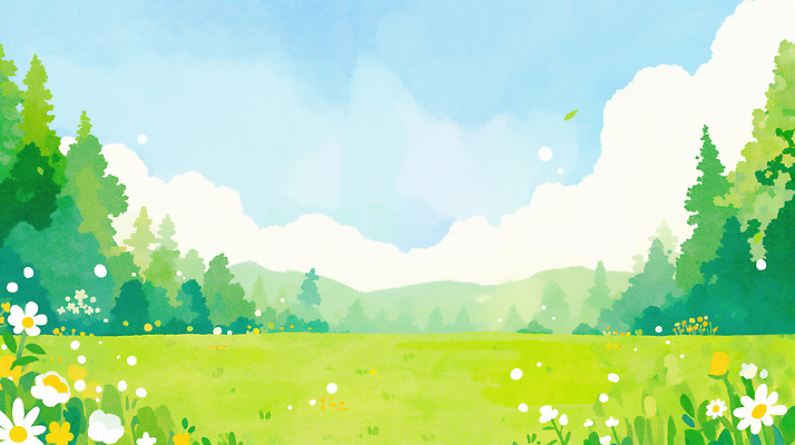 JPG 나무 식물 꽃 일러스트 자연 하늘 날씨 산 따뜻함 풍경 잔디 초원 초록색 여름 파란색 햇빛 봄 공백 시간 풍경화 카피스페이스 배경지 국내일러스트 계절 컬러 태양 그림 생태계 파일형식