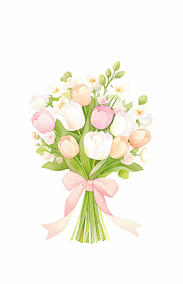 JPG 식물 꽃 리본 분홍색 꽃다발 결혼 일러스트 포장 자연 선물 이벤트 장식 초록색 봄 튤립 흰색 축하 생일 조화 뷰티풀 국내일러스트 AI일러스트 AI콘텐츠 계절 기념일 컬러 컨셉 생태계 파일형식