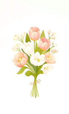 JPG 식물 디자인 계절 꽃 분홍색 꽃다발 백그라운드 일러스트 자연 결혼식 선물 장식 봄 튤립 흰색 화사함 조화 뷰티풀 생동감 싱그러움 국내일러스트 AI일러스트 AI콘텐츠 컬러 결혼 컨셉 생태계 파일형식