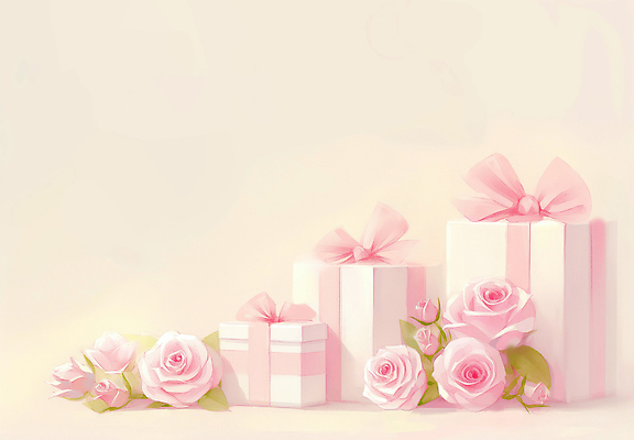 JPG 디자인 기념일 꽃 리본 분홍색 결혼 백그라운드 일러스트 포장 탁자 선물 이벤트 장식 상자 장미 축하 생일 뷰티풀 색감 국내일러스트 AI일러스트 AI콘텐츠 식물 컬러 가구 컨셉 파일형식