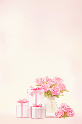 JPG 기념일 리본 화분 분홍색 꽃다발 백그라운드 일러스트 자연 탁자 유리병 실내 선물포장 선물 장식 상자 장미 축하 생일 화사함 설렘 국내일러스트 AI일러스트 AI콘텐츠 꽃 컬러 가구 컨셉 포장 병_용기 이벤트 내부 생태계 파일형식