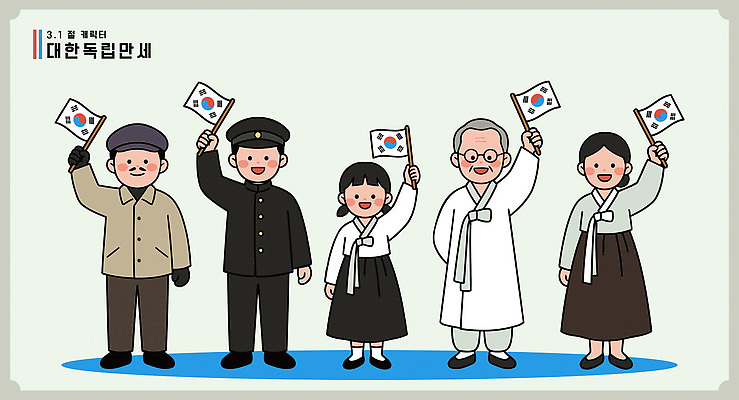 캐릭터 옷 여자 남자 어린이 일러스트 가족 회의 한국 이벤트 여러명 친구 소풍 귀여움 만세 축하 역사 태극기 전통의상 삼일절 국경일 위인 김구 독립 안중근 유관순 집회 학생운동 국내일러스트 AI파일 전통 기념일 아시아 다수 컨셉 비즈니스 관계 모션 사람 공휴일 야외활동 국기 독립운동가 투쟁 파일형식 벡터