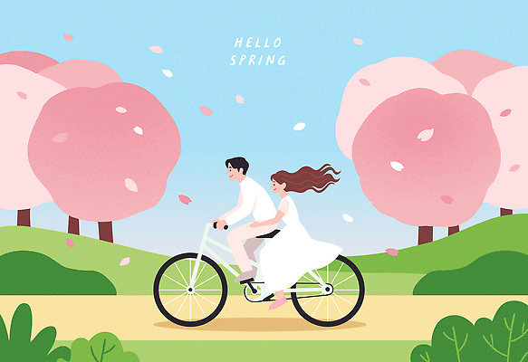 나무 커플 길 데이트 일러스트 자연 하늘 꽃나무 사랑 풍경 잔디 초원 운동 자전거 봄 산책 벚꽃 분위기 즐거움 라이딩 오후 국내일러스트 AI파일 식물 계절 꽃 감정 컨셉 관계 휴식 건강 바이크 생태계 파일형식 벡터