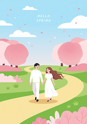 나무 커플 여자 남자 꽃 길 일러스트 자연 하늘 날씨 사랑 풍경 잔디 파란색 평화 봄 산책 벚꽃 흰색 국내일러스트 AI파일 식물 계절 감정 컬러 컨셉 관계 휴식 사람 생태계 파일형식 벡터