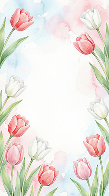 JPG 식물 디자인 꽃 예술 컬러 백그라운드 꽃밭 일러스트 자연 수채화 프레임 장식 정원 봄 튤립 붓 그림 화가 화사함 조화 만개 뷰티풀 국내일러스트 AI일러스트 AI콘텐츠 직업 계절 컨셉 생태계 파일형식