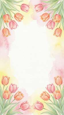 JPG 디자인 꽃 화초 예술 분홍색 백그라운드 일러스트 수채화 프레임 그래픽 장식 노란색 튤립 메시지 제조 편지지 소통 창작 국내일러스트 AI일러스트 AI콘텐츠 식물 컬러 컨셉 편지 파일형식