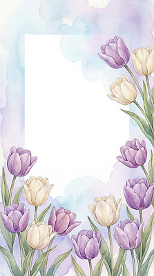 JPG 식물 디자인 꽃 컬러 꽃다발 백그라운드 꽃무늬 일러스트 자연 수채화 프레임 미술 장식 정원 보라색 공백 튤립 흰색 그림 국내일러스트 AI일러스트 AI콘텐츠 무늬 문화예술 생태계 파일형식