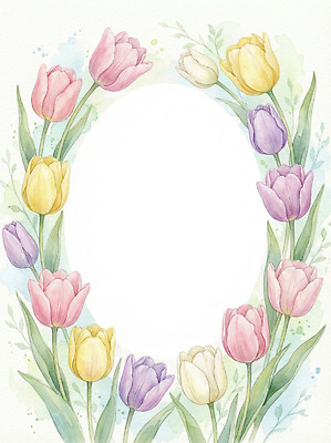 도형 식물 계절 꽃 컨셉 학용품 오브젝트 생태계 파일형식 튤립 수채화 디자인 그림 컬러 봄 장식 자연 화사함 원형 백그라운드 예술 문구용품 손글씨 색연필 잎 JPG 국내일러스트 일러스트 프레임