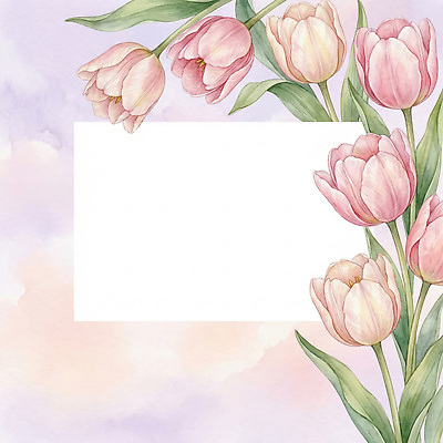 JPG 식물 디자인 꽃 분홍색 컬러 백그라운드 일러스트 자연 수채화 프레임 장식 파란색 봄 튤립 그림 이미지 드로잉 조화 스타일 국내일러스트 AI일러스트 AI콘텐츠 계절 미술 생태계 파일형식
