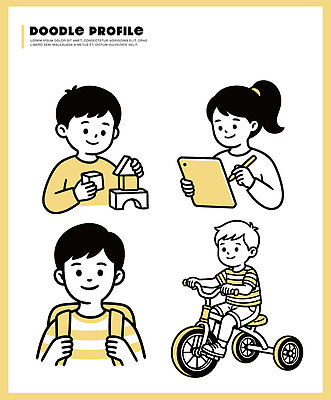 어린이 가방 일러스트 모션 놀이 수업 친구 학습 태블릿 장난감 자전거 탐험 성장 집중 즐거움 호기심 발견 상상력 창의력 창작 국내일러스트 AI파일 잡화 교육 감정 컨셉 관계 사람 전자제품 스마트기기 바이크 파일형식 벡터