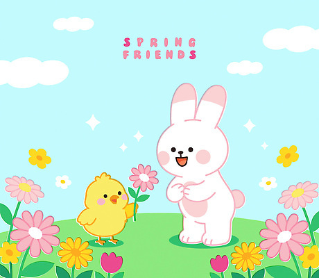 식물 동물 캐릭터 꽃 컬러 백그라운드 꽃밭 일러스트 자연 하늘 병아리 대화 웃음 잔디 친구 햇빛 봄 토끼 즐거움 화창 국내일러스트 AI파일 계절 감정 포유류 관계 조류 날씨 표정 말하기 반려동물 태양 생태계 파일형식 벡터
