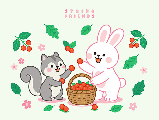 동물 꽃 채소 과일 일러스트 모션 자연 놀이 나뭇잎 웃음 일상 친구 바구니 귀여움 손잡기 봄 수확 토끼 사과 다람쥐 국내일러스트 AI파일 식물 계절 컨셉 잎 농업 포유류 관계 표정 라이프 반려동물 설치류 생태계 파일형식 벡터