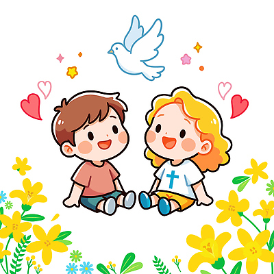 캐릭터 꽃 행복 기독교 어린이 일러스트 자연 놀이 하늘 사랑 웃음 앉기 친구 노란색 평화 천주교 자유 하트 표현 즐거움 비둘기 신앙심 동심 국내일러스트 AI파일 모양 식물 감정 종교 컬러 컨셉 관계 모션 조류 표정 사람 생태계 파일형식 벡터