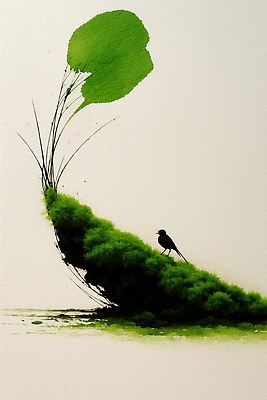 자연요소 식물 동물 컬러 날씨 라이프 생태계 파일형식 AI콘텐츠 조류 잎 언덕 초록색 검은색 풍경 그림 자연 일상 예술 수채화 목가 산 바람 잔디 무료 고요 일러스트 국내일러스트 JPG AI일러스트