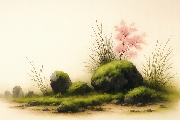 식물 컬러 날씨 생태계 파일형식 AI콘텐츠 자연 풍경 돌_바위 꽃 분홍색 흐림 단순화된 조화 장면 환경 그라데이션 평면 초록색 생명 뷰티풀 땅 일러스트 국내일러스트 JPG AI일러스트