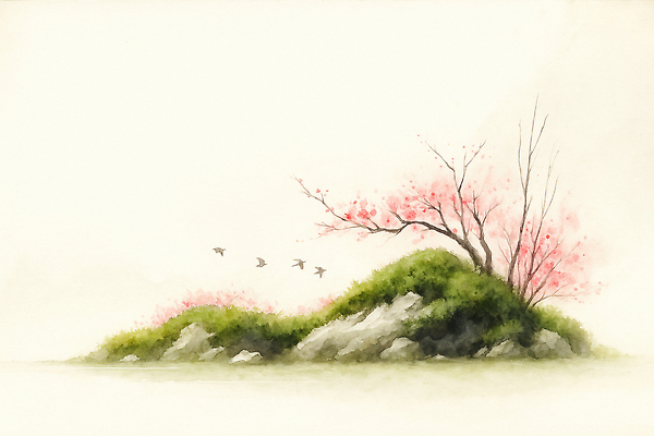 식물 동물 컨셉 생태계 파일형식 AI콘텐츠 섬 나무 꽃 조류 풍경 자연 하늘 그래픽 수채화 조용 예술 뷰티풀 고요 색감 차분 시계 이미지 일러스트 국내일러스트 JPG AI일러스트