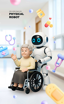 PSD 편집이미지 노년 의학 의료기기 기술 병원 일상 인사 도움 복도 간호 로봇 서비스 휠체어 방문 이미지편집 컨셉 성인 라이프 예절 파일형식