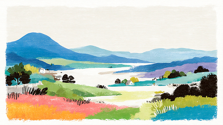 JPG 나무 예술 컬러 일러스트 자연 하늘 산 주택 미술 풍경 초원 강 일출 일몰 들꽃 언덕 그림 전경 산맥 국내일러스트 AI일러스트 AI콘텐츠 식물 꽃 문화예술 건물 노을 생태계 파일형식 탑뷰