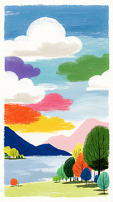 JPG 나무 호수 물결 예술 컬러 일러스트 자연 하늘 산 풍경 일몰 도시 숲 그림 평야 풍경화 국내일러스트 AI일러스트 AI콘텐츠 식물 노을 생태계 파일형식