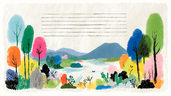 JPG 나무 식물 캐릭터 호수 예술 분홍색 컬러 일러스트 자연 하늘 산 풍경 초록색 파란색 강 노란색 정원 주황색 땅 그림 국내일러스트 AI일러스트 AI콘텐츠 생태계 파일형식